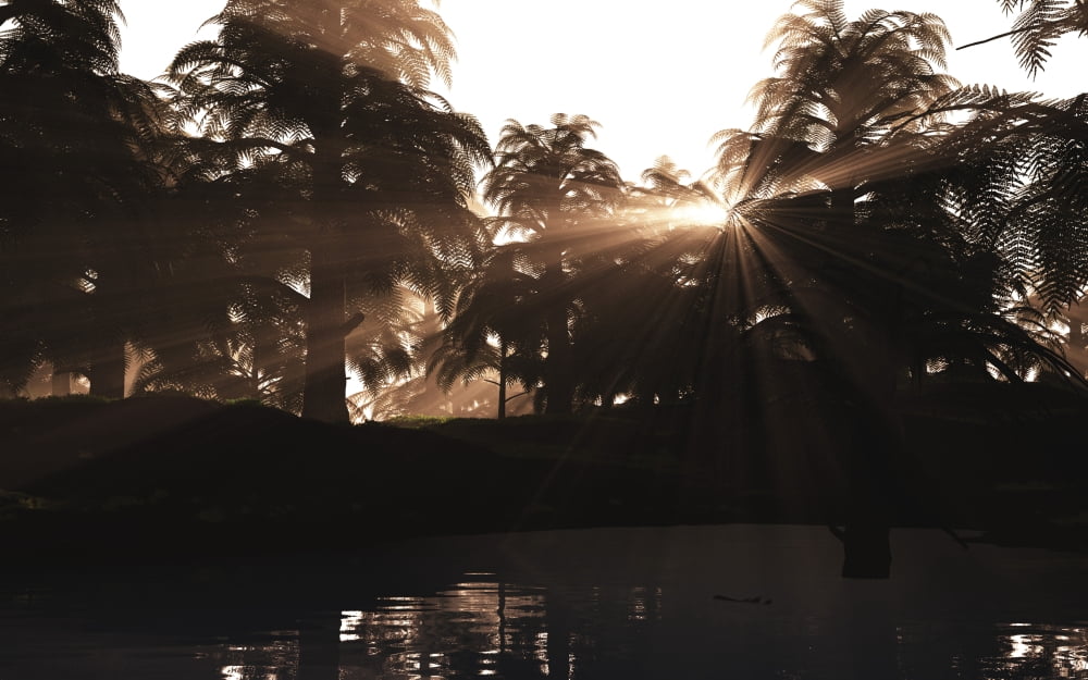 A Late Devonian sun sets behind a forest of Archaeopteris plants Canvas Art - Walter MyersStocktrek Images (36 x 23)
