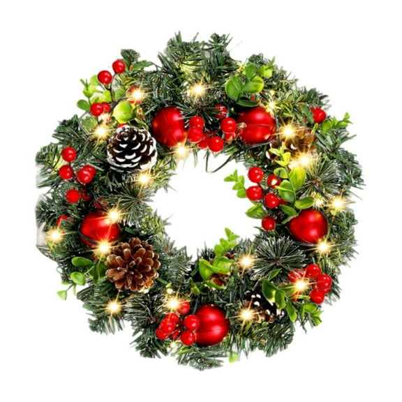 A Led Lighted Christmas Wreath With Berries 20 Inch Green Pvc Hanging Garland For Front Door Holiday Home Party Decoration