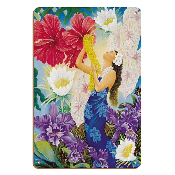 A Lei Of Aloha - Hawaiian Hula Dancer - From an Original Color Painting by Warren Rapozo - 8 x 12 inch Vintage Wood Art Sign