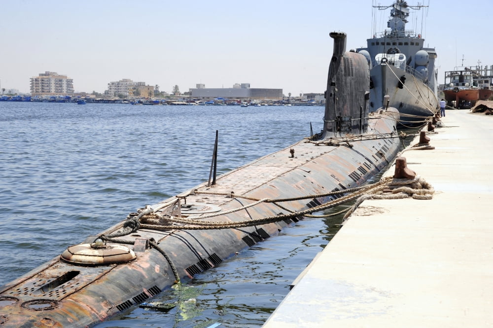 A Libyan Navy Foxtrot-class military submarine moored to the pier in Benghazi Libya Canvas Art - Andrew ChittockStocktrek Images (35 x 23)