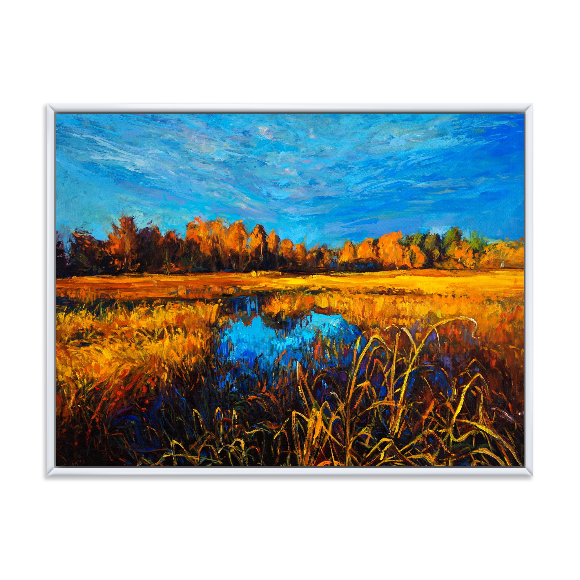 A Light Blue Sky Over Orange Meadows 32 in x 24 in Framed Painting Canvas Art Print, by Designart