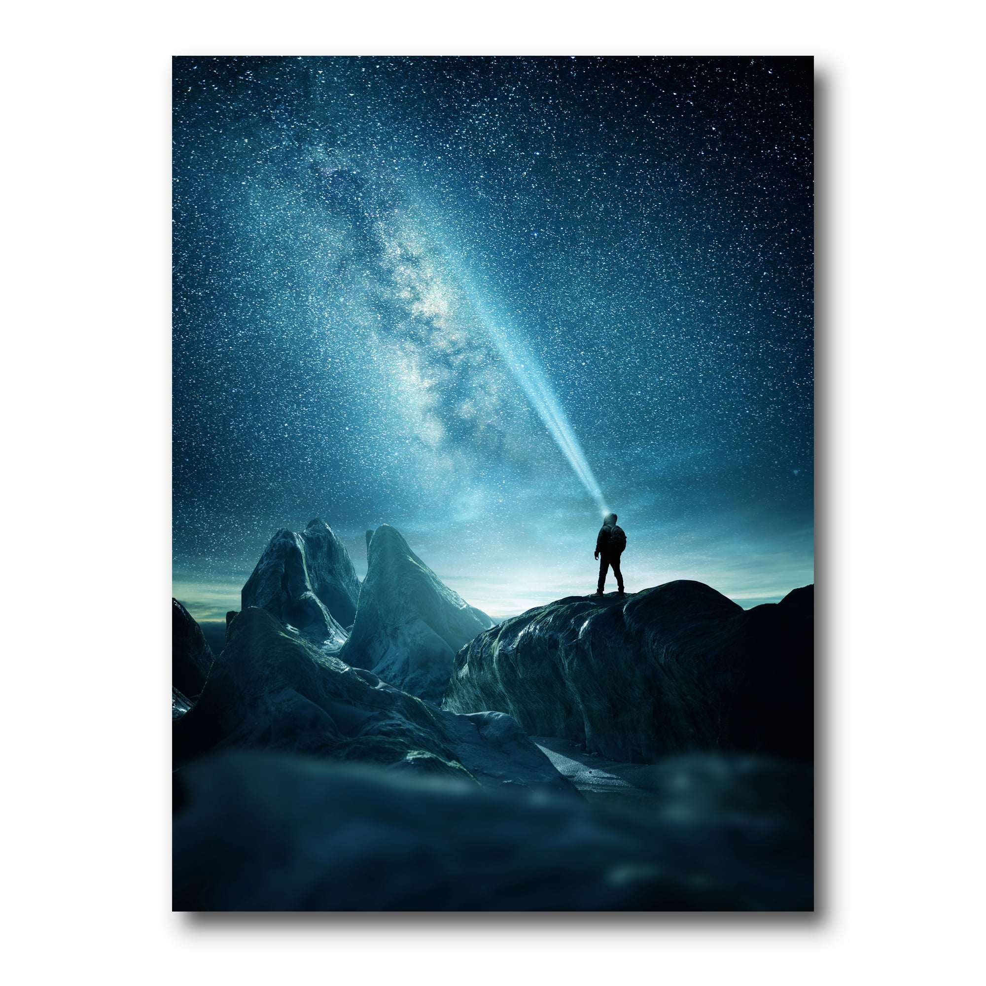 A Light Shining by A Man Shining Into The Night Sky 30 in x 40 in Painting Canvas Art Print, by Designart