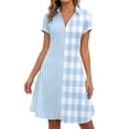 thumbnail image 1 of A Line Casual Dress Women Plaid Print Short Sleeve Turn Down Collar Relaxed Fit Midi Dress Light Blue M, 1 of 5