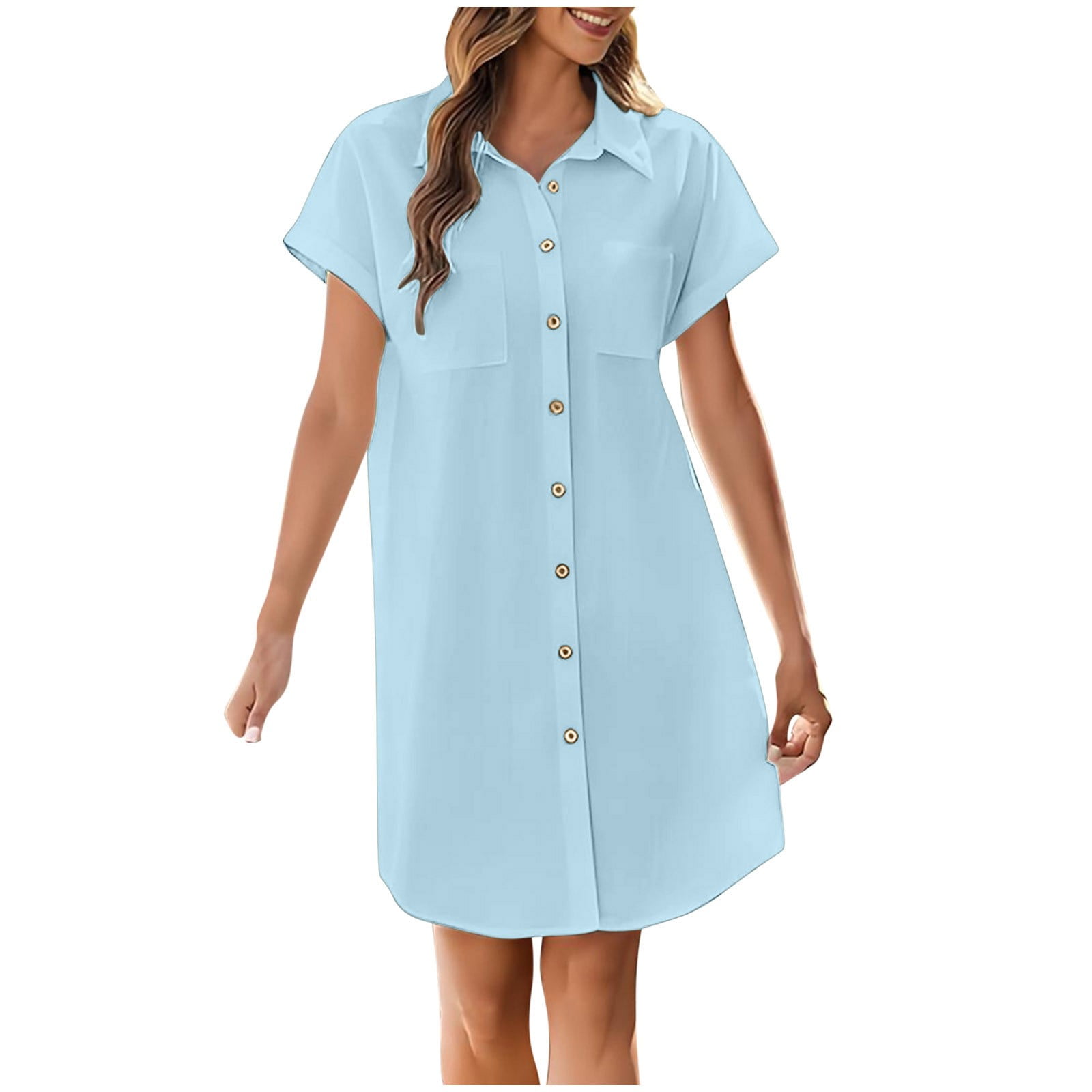 Acelitt Women's Summer Batwing Sleeve Dress – Lapel Collar Mini Sundress, V-Neck Beach Dress (Polyester/Elastane)