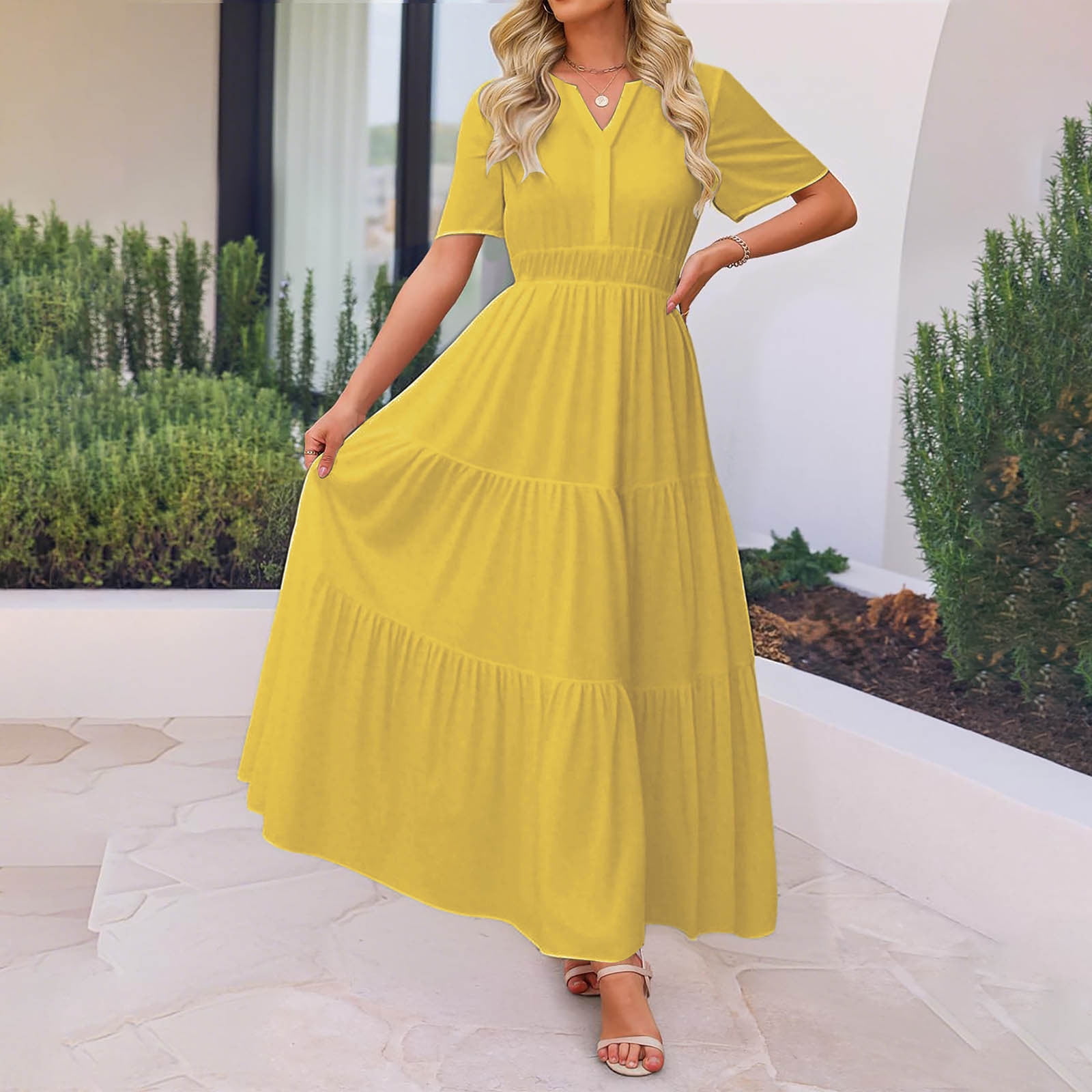 a line yellow dress for women Dresses Horkkom Summer V Neck Maxi Dresses Solid Color Short Sleeve Pleated Tiered XL Talla:M/L vintage_bridal_gown timeless silhouette Sew House Seven 103