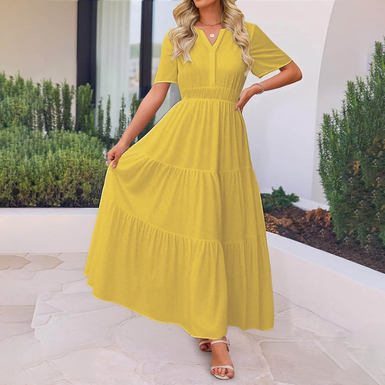 a line dresses for older ladies Women Horkkom Summer V Neck Maxi Dresses Solid Color Short Sleeve Pleated Tiered Dress Yellow XL Size:L - XL Fit and Flare Wedding 24-Fall