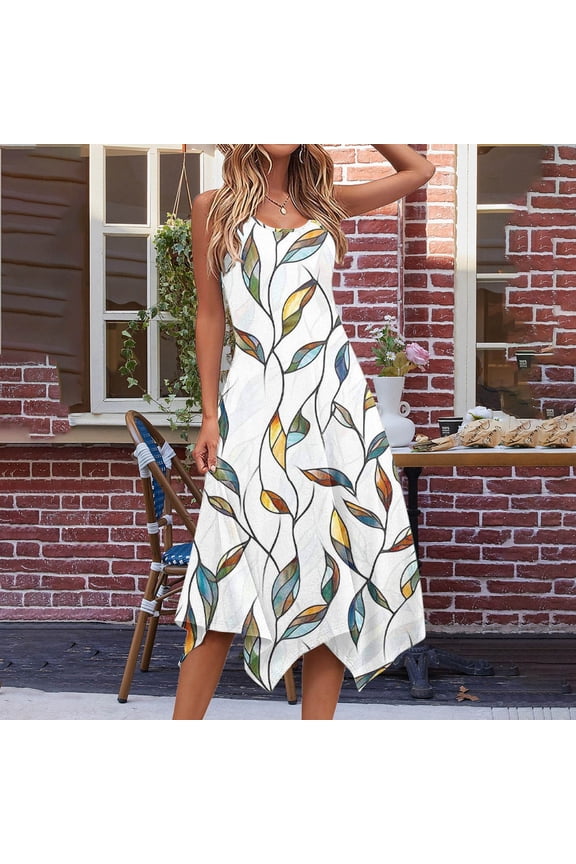 A Line Dresses for Women Woman Fashion Summer Beach Printing Pockets Tank Round-Neck Sleeveless Tank Dresses B White L