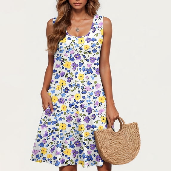 A-Line Dresses for Women Women's Casual Plus-size Sleeveless Round Neck Short Floral Dress A Yellow XL