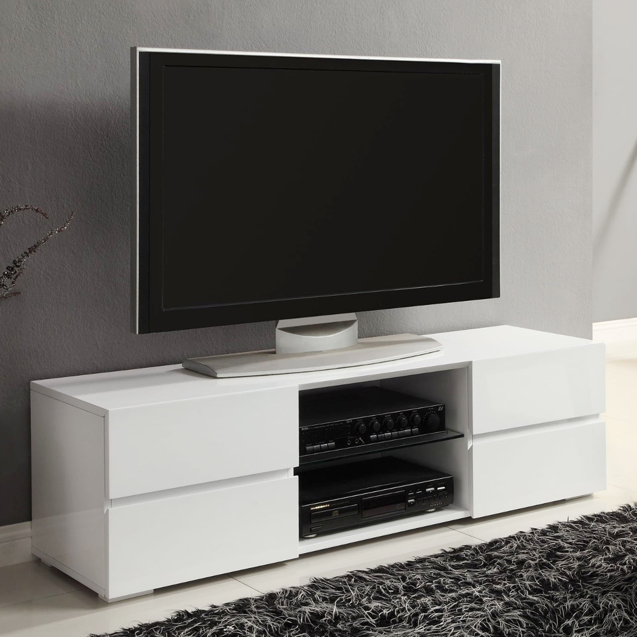 Luxe High-Gloss White 55" TV Console with Glass Shelf and Storage
