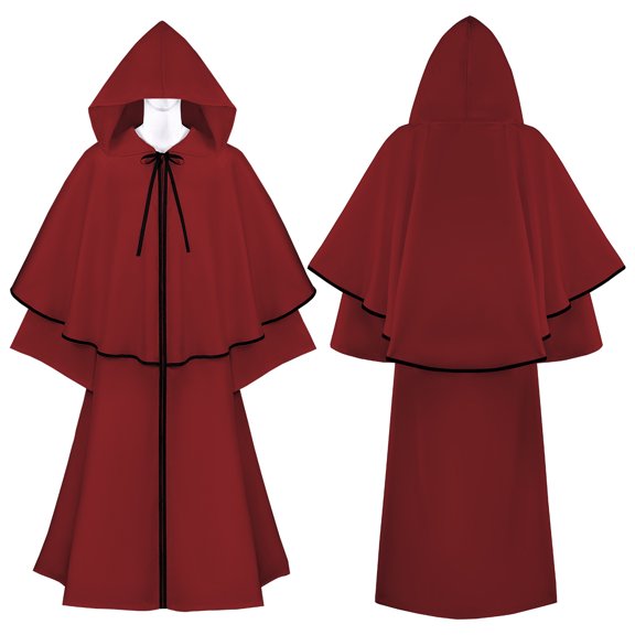 A-Line Hooded Cloak for Men, Floor-Length Medieval Halloween Robe with Bow Tie Neck (1 PC) Red L