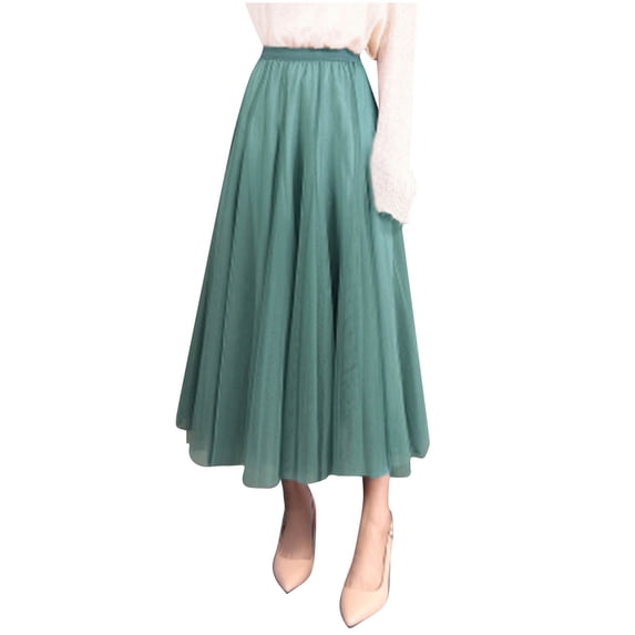 A-Line Midi Skirts for Women Elastic High Waist Layered Skirt Lightweight Ladies Elegant Flowy Long Skirts Bridesmaid Wedding Dressy Casual Business Outfits 2026 Spring Summer Dresses