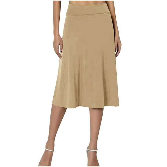 A-Line Midi Skirts for Women - High Waist Knee Length Flared Casual Stretchy Flowy Skirt Khaki L