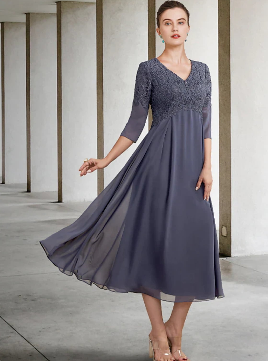 grey tea length dress Short Sleeve Beaded A-line Tea Length Dress main image 0