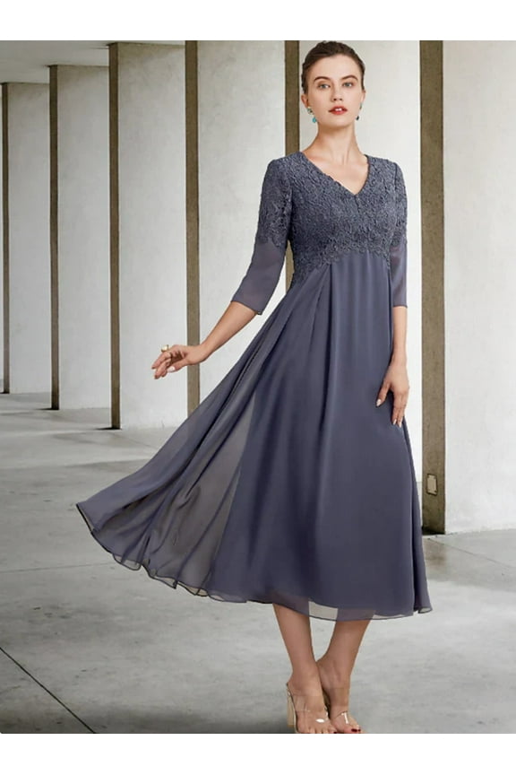 A-Line Mother of the Bride Dress  V Neck Tea Length Chiffon Lace Length Sleeve with Ruffles Appliques