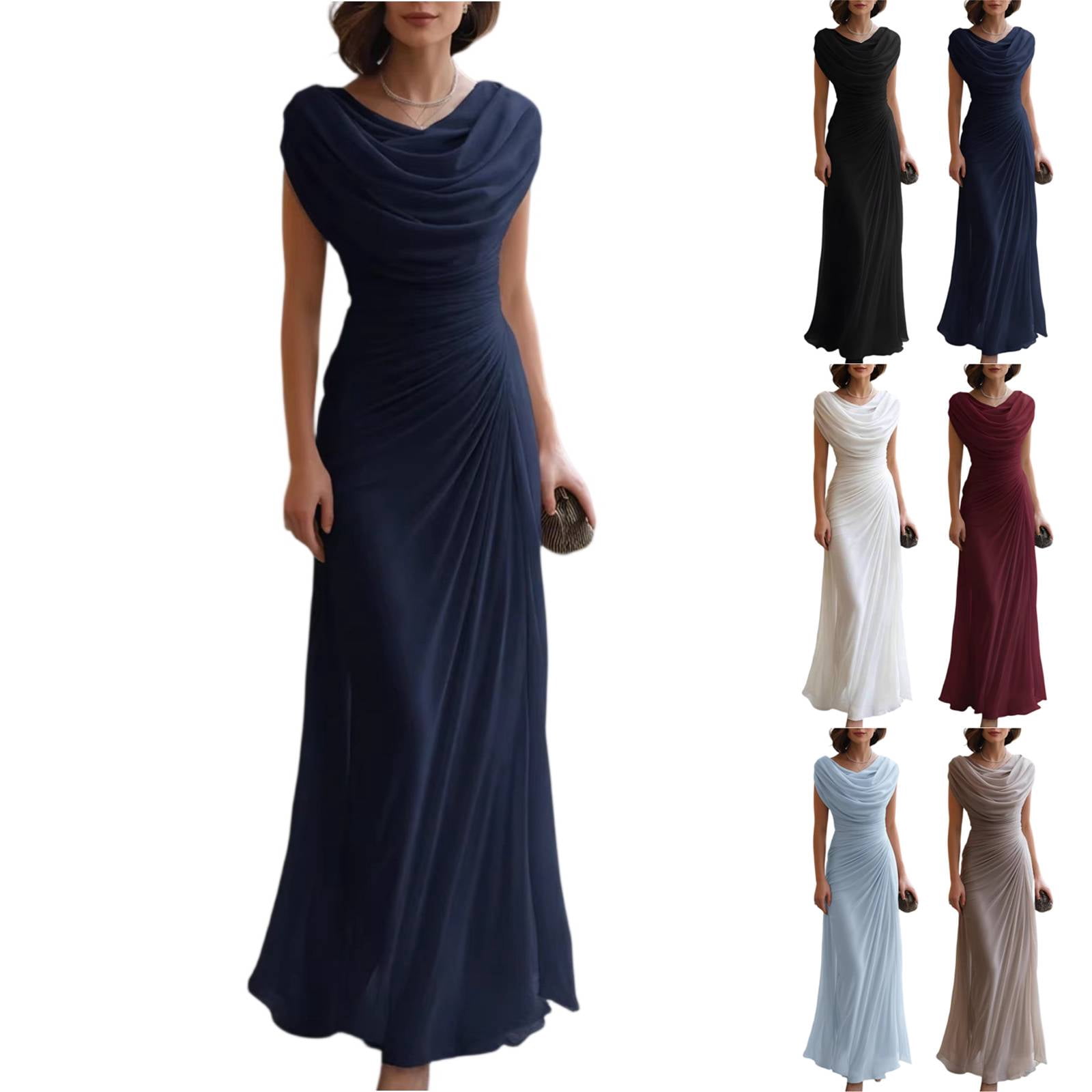 A Line Pleated Crew Neck Bridesmaid Dress for Wedding Sleeveless Split ...