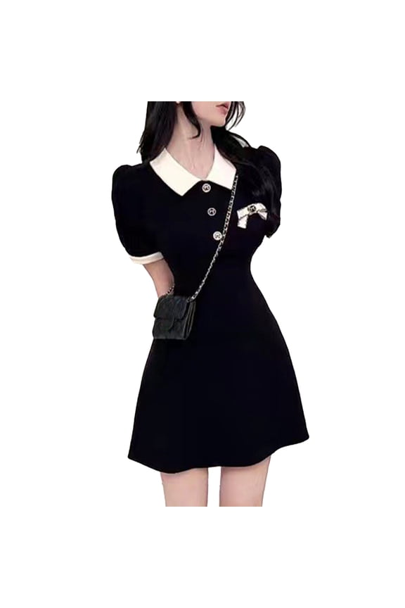 A Line Short Dress Short Sleeved Decorative Button Turn Down Collar Bow Front A Line Dress for Summer Women Black L