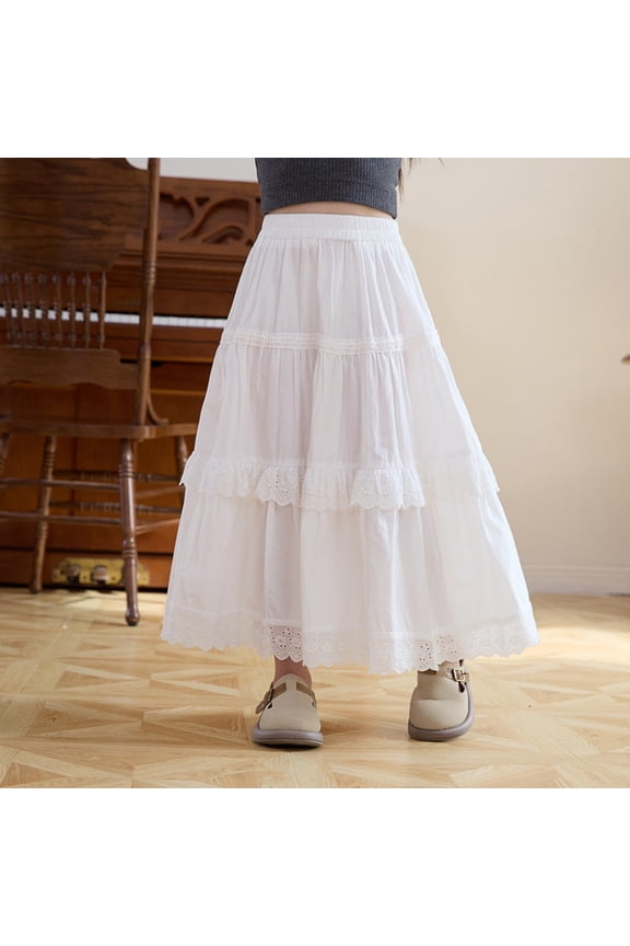 A Line Skirt for Girls Girl's Long Skirts White Lace Tiered Elastic Waist Flowy a Line Skirt Summer Boho Skirts for Tween Girl White 140