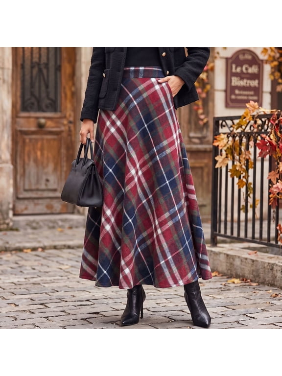A Line Skirts For Women Thick Plaid Pattern Long Flowing Skirt High Waist Back Elastic Casual Holiday Wear