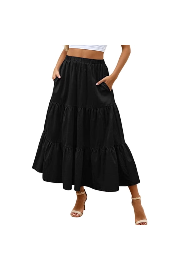 A Line Skirts for Women Mid Length Elastic High Waisted Flowing Ruffles Fairy Skirt Soild Cake Skirt With Pockets (Black,Large)