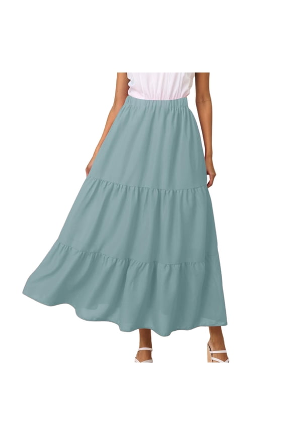 A Line Skirts for Women Mid Length Elastic High Waisted Flowing Ruffles Fairy Skirt Soild Cake Skirt With Pockets (Green,Medium)