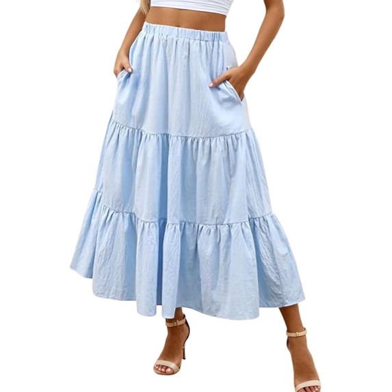 A Line Skirts for Women Mid Length Elastic High Waisted Flowing Ruffles Fairy Skirt Soild Cake Skirt With Pockets (Light Blue,X-Large)