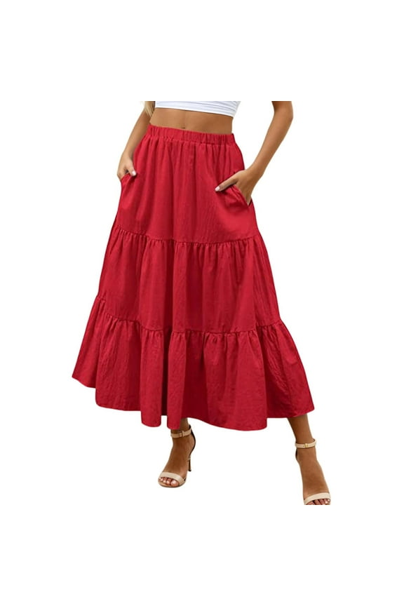 A Line Skirts for Women Mid Length Elastic High Waisted Flowing Ruffles Fairy Skirt Soild Cake Skirt With Pockets (Red,Medium)