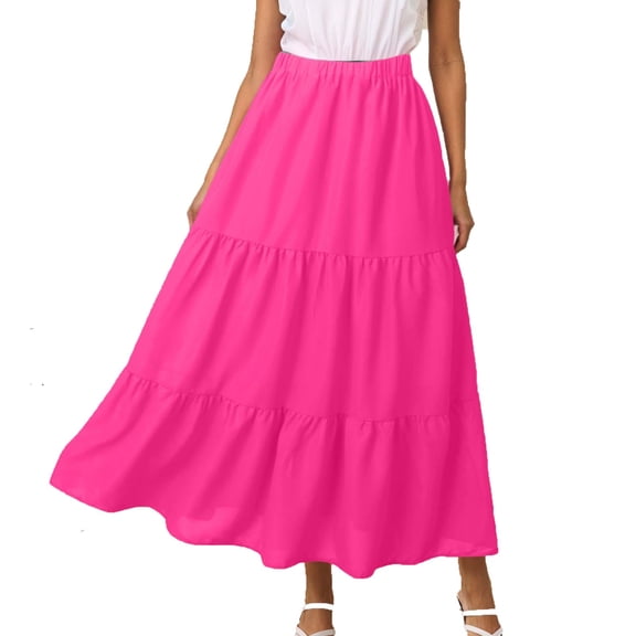 A Line Skirts for Women Mid Length Elastic High Waisted Flowing Ruffles Fairy Skirt Soild Cake Skirt With Pockets (Rose Red,Small)