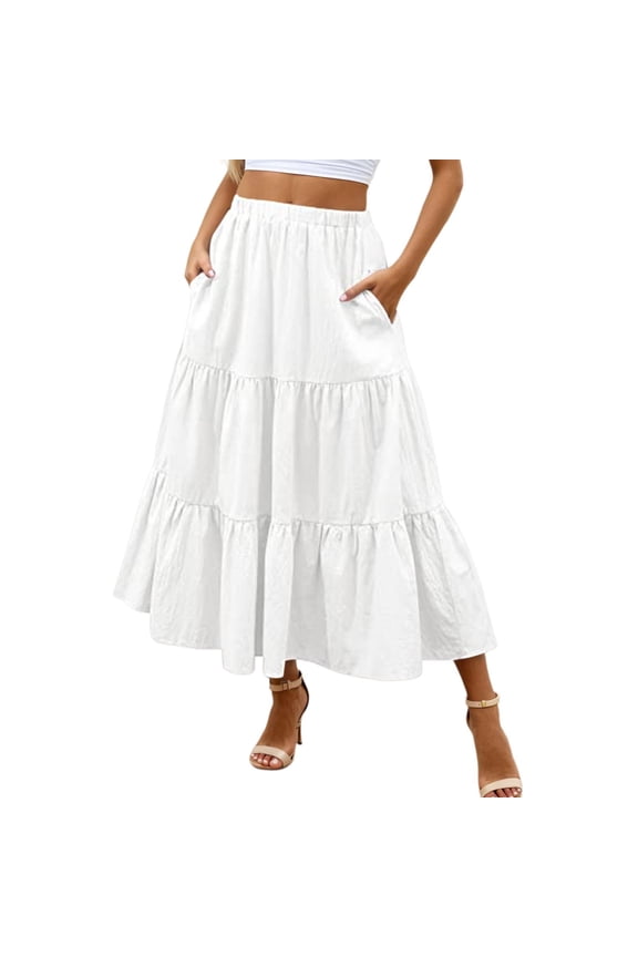 A Line Skirts for Women Mid Length Elastic High Waisted Flowing Ruffles Fairy Skirt Soild Cake Skirt With Pockets (White,Small)