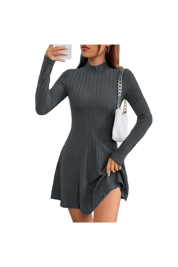 A-Line Sweater Dress, Solid Color High Neck Long Sleeve Belted Fit & Flare Dress, Elegant Winter to Spring Dress for Work & Events Dark Gray L