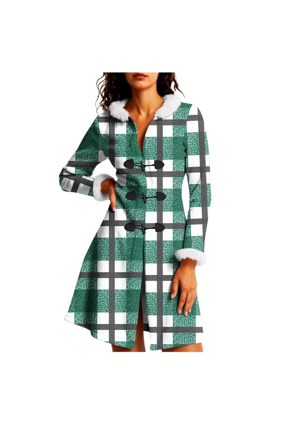 A-Line Winter Overcoat for Women Vintage Frog Button Fur Trim Plaid Hooded Trench Coat Warm Fleece Mid-Long Outerwear Jacket