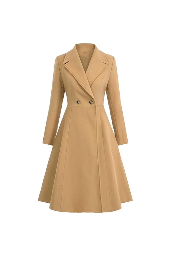 A-Line Wool Coat Long Peacoat Pleated Tunic Trench Coats Lapel Collar Winter Coat Double Breasted Outwear Elegant Trendy Coat Fashion Dressy Blouses Clothing(Khaki,M)