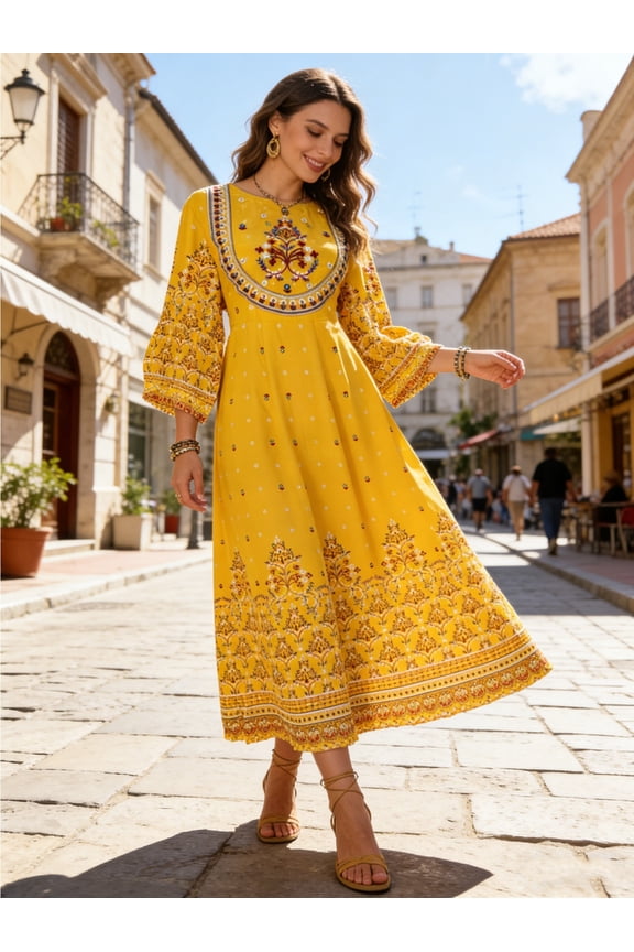 A-Line Woven Floral Maxi Dress with Artisanal Bib Embroidery and Border Print Flare Hem Saffron Yellow Boho Gown for Summer Vacation