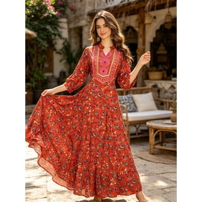 A-Line Woven Floral Maxi Dress with Heavy Bib Embroidery and Tiered Ruffle Hem Rust Orange Boho Long Sleeve Gown for Fall Vacation and Socials