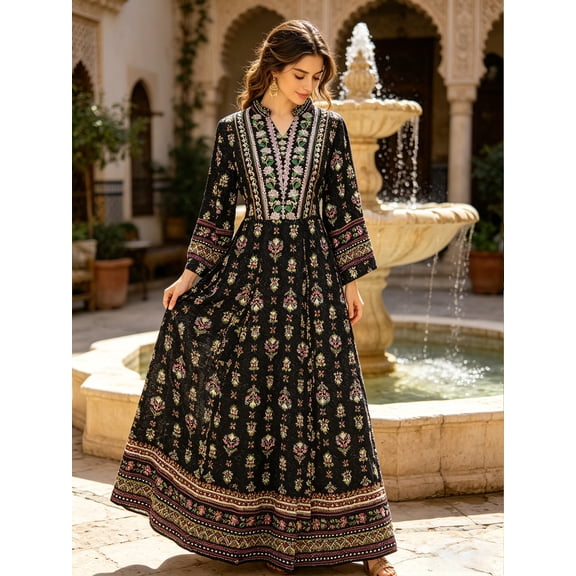 A-Line Woven Polyester Maxi Dress with Heavy Green Floral Bib Embroidery and Mandarin Split V-Neck Modest Long Sleeve Boho Gown for Vacation and Travel
