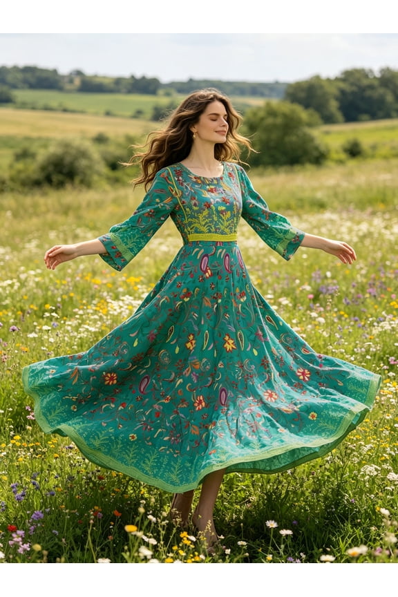 A-Line Woven Polyester Maxi Dress with Heavy Bib Embroidery and Paisley Print Empire Waist Long Sleeve Sun Gown for Summer Vacation Resort