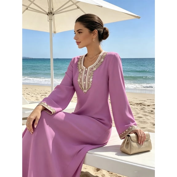 A-Line Woven Polyester Maxi Dress with Heavy Floral Bib Embroidery and Scalloped Bell Cuffs Mauve Modest Long Sleeve Gown for Vacation Social