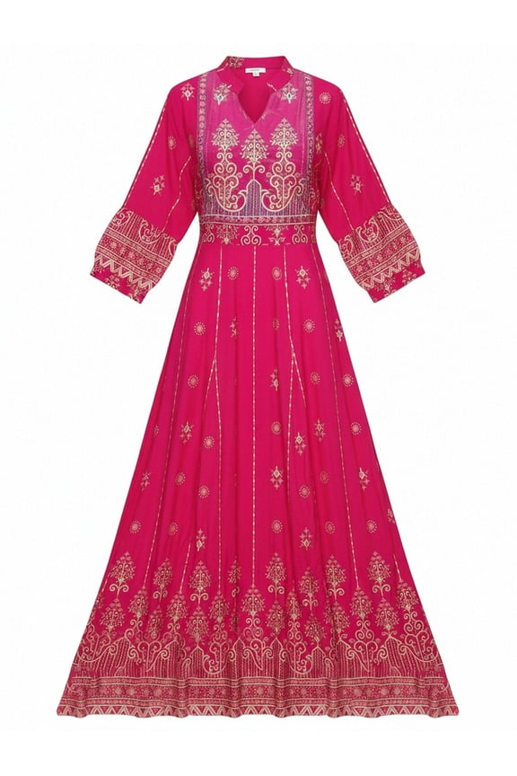 A-Line Woven Polyester Maxi Dress with Royal Fuchsia and Gold Border Print V-Neck Long Sleeve Modest Gown for Wedding Guest Resort Vacation