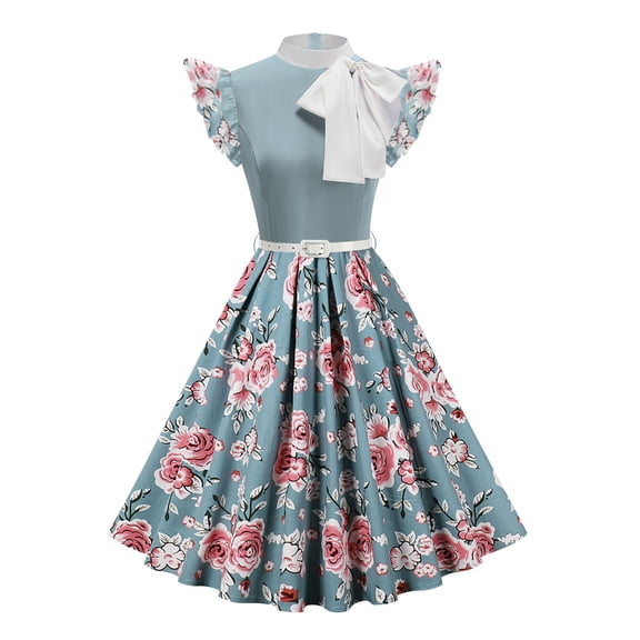 A Lined Dress Dot Pattern Sleeveless Mock Neck Zip Up Bow Belt Knee Length Vintage Skirt Blue XL