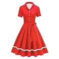 thumbnail image 1 of A Lined Dress Short Sleeve Lapel Collar Button Down Dot Pattern Belt Knee Length Vintage Dress Red L, 1 of 3