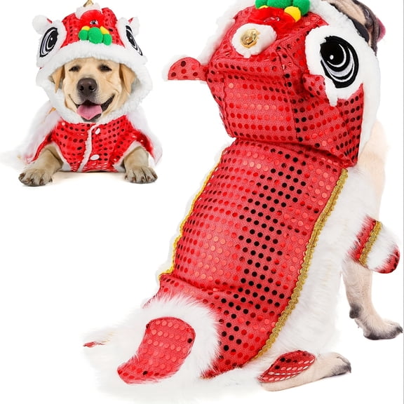 A Lion Dance Dog Costume for Pets, Featuring Sequins, a Hooded Sweatshirt for The Chinese New Year Celebration (Large Size, Red).