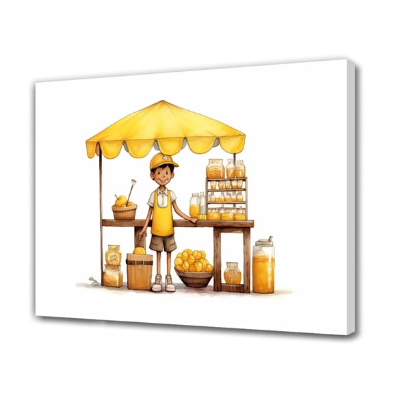 A Little Boy Standing Under A Yellow Sunshade Selling Lemonade Canvas Poster Bedroom Decor Sports Landscape Office Room Decor Gift,Frame-style,16x24inch(40x60cm)