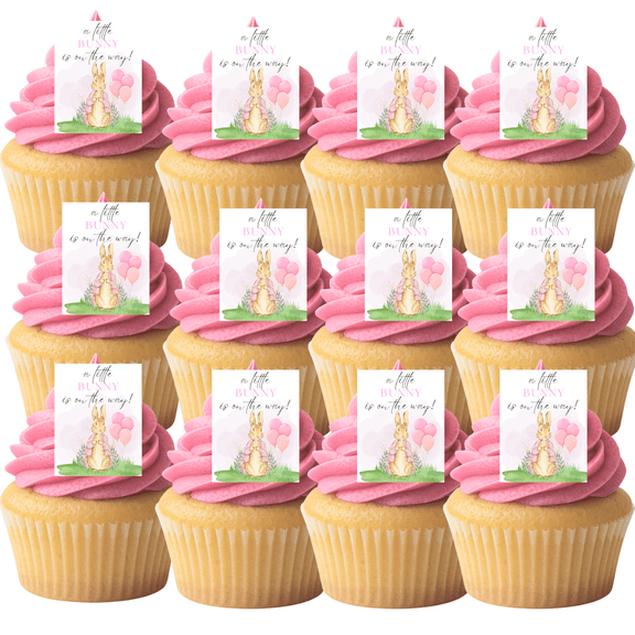 A Little Bunny Is On The Way Cupcake Picks  24 Edible Wafer Paper Decorations | Pink Baby Shower Dessert Toppers