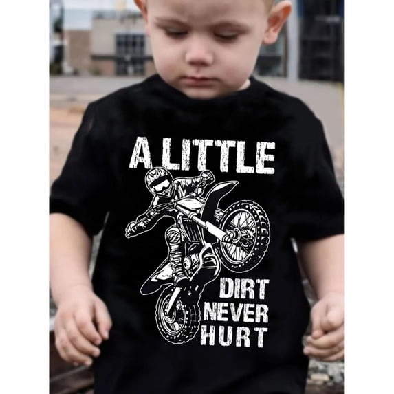 A Little Dirt Never Hurt" Boys' Black Short-Sleeve T-Shirt - Motocross Graphic, Casual & Comfortable Cotton Tee for Youngsters, Summer Fashion, Round