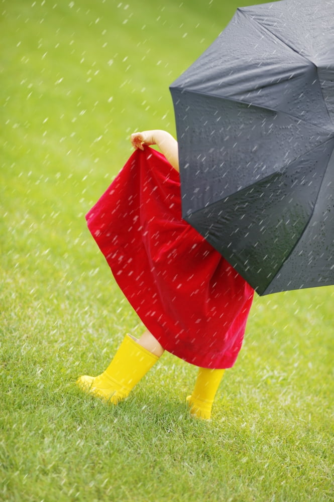 A Little Girl Walking In The Rain While Holding An Umbrella Canvas Art - Leah Hammond Design Pics (11 x 17)