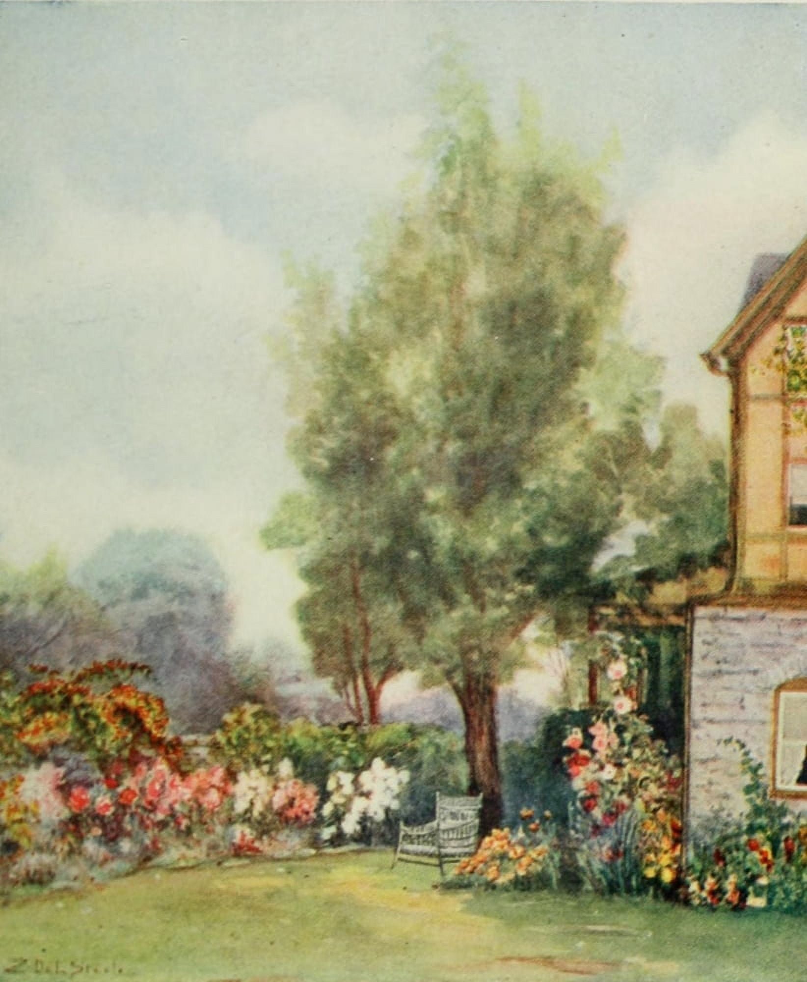A Little Maryland Garden 1909 Garden Chair Canvas Art - Zulma deL Steele (24 x 36)
