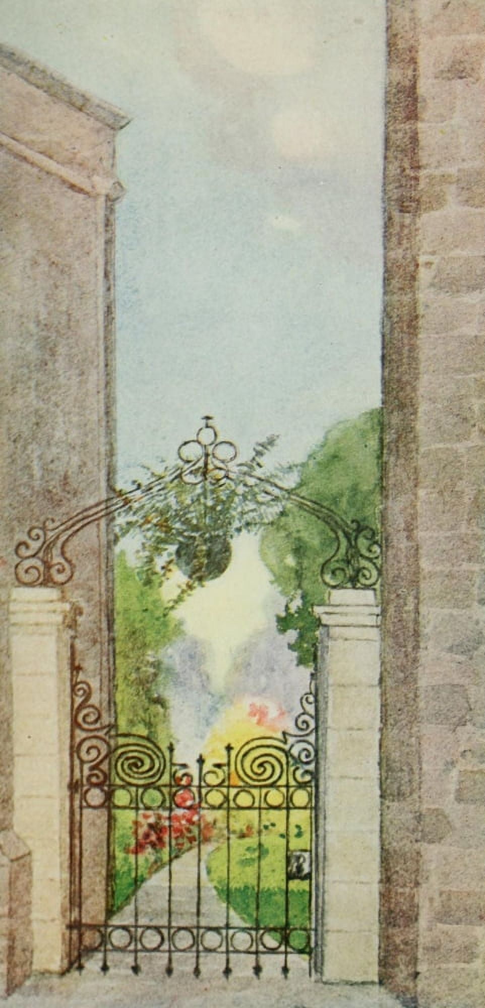 A Little Maryland Garden 1909 Garden gate Canvas Art - Zulma deL Steele (18 x 24)
