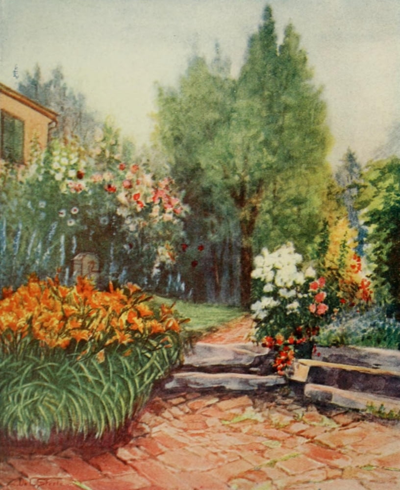 A Little Maryland Garden 1909 Patio garden Canvas Art - Zulma deL Steele (18 x 24)