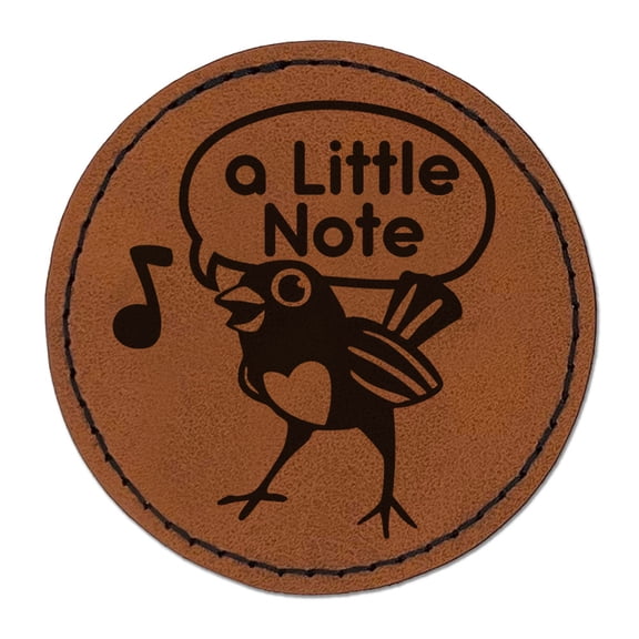 A Little Note Song Bird Music Round Iron-On Engraved Faux Leather Patch Applique - 2.5 Inch - Brown