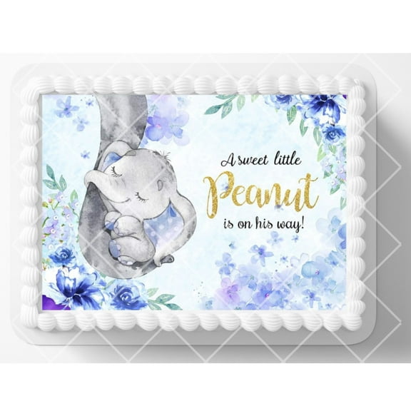 A Little Peanut Elephant Is On It's Way Edible Image Baby Shower Edible Cake Topper Frosting Sheet Cake Decoration 10" by 8" You Add To Your Own Cake