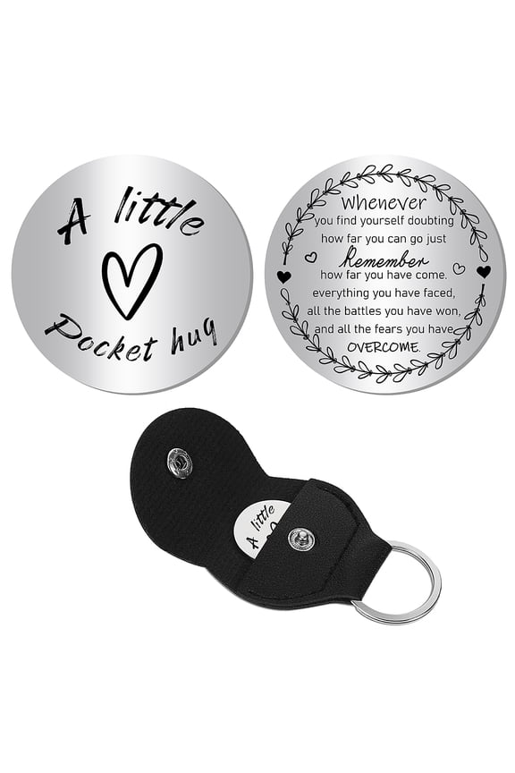 A Little Pocket Hug Token Heart Long Distance Relationship Keepsake Keychain Stainless Steel Double Sided with PU Leather Keychain Gift for Family